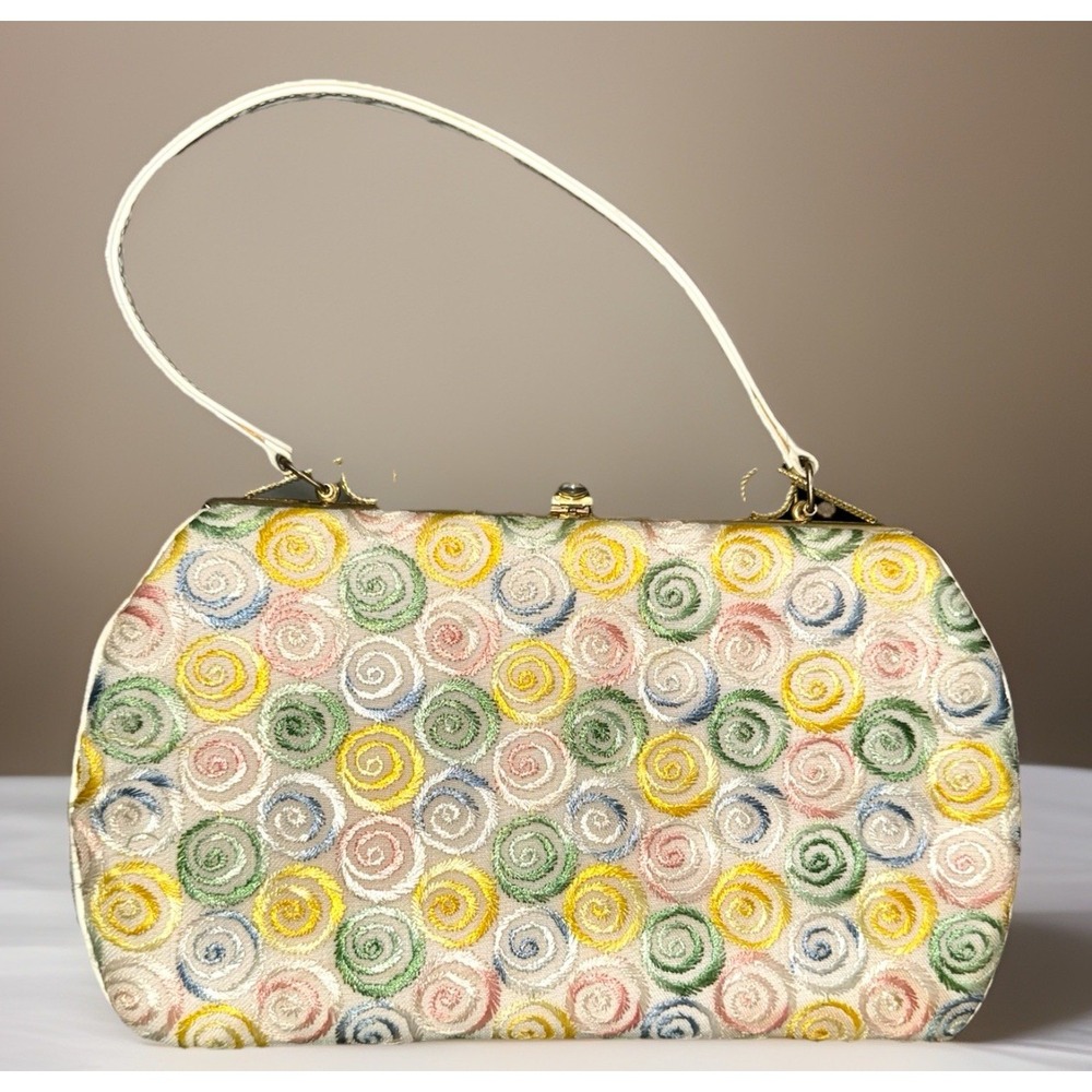 Vintage Pastel Swirled Pattern Embroidered Top Handle Late 1950s / 1960s Retro